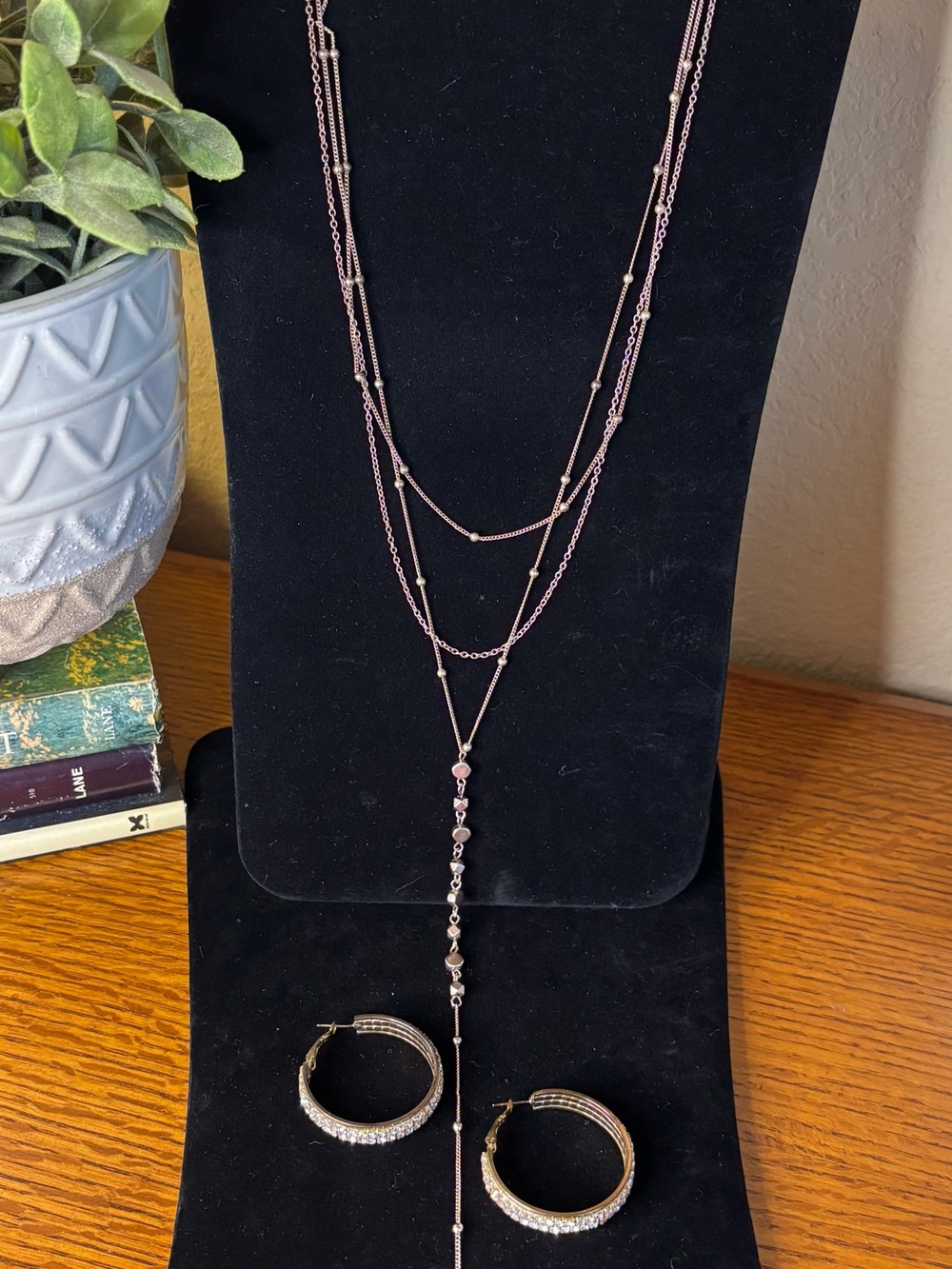 Layered Rose Gold Beaded Lariat Necklace and Hoop Earring Set